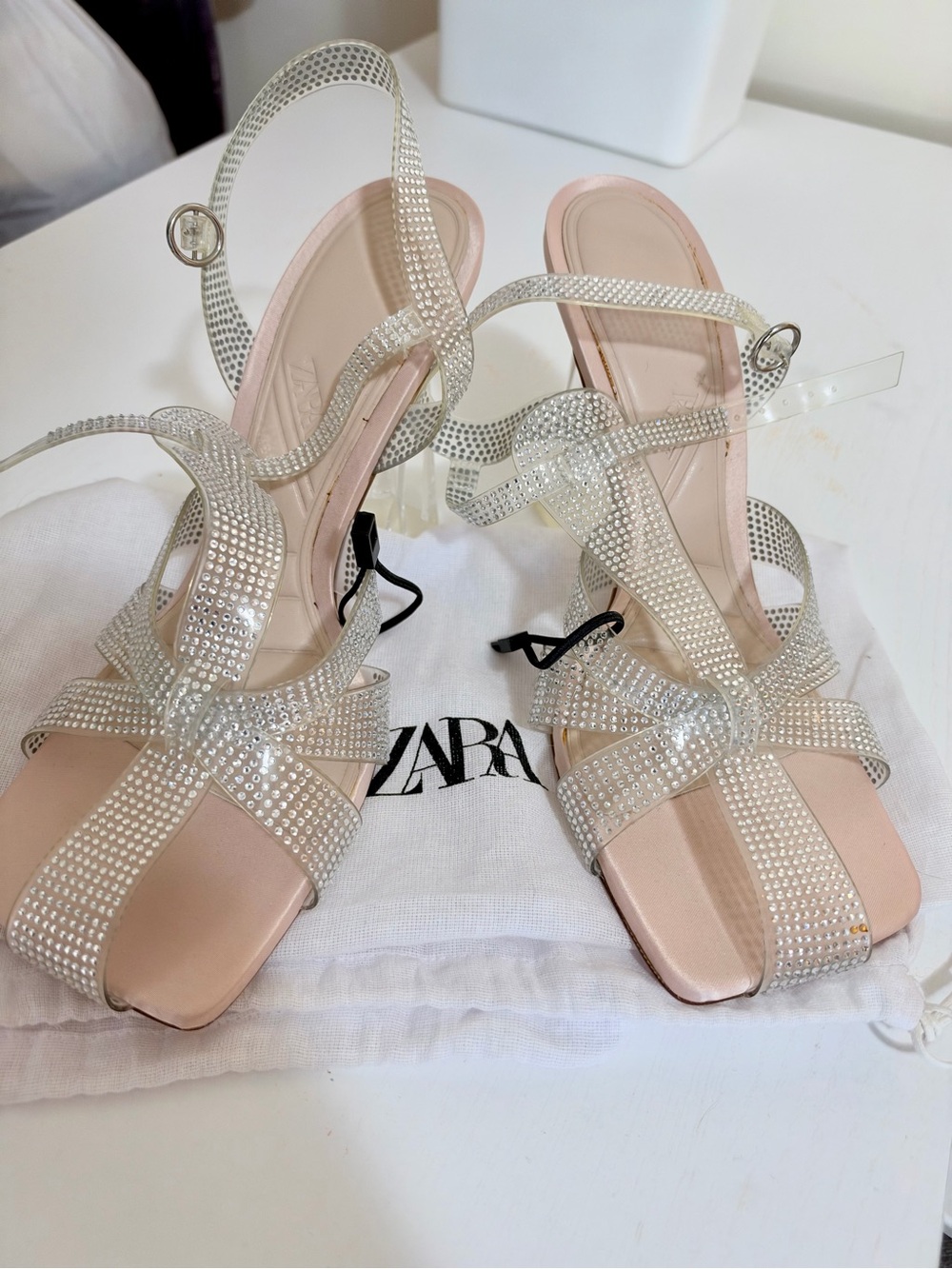 ZARA Pink Crystal-Strap Heeled Sandals